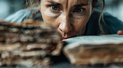 A person reads a large book while surrounded by stacks of books, captured in fine detail, representing a moment of immersion in literature and knowledge.