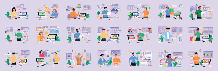 Bundle of purple color concepts with people scene in flat cartoon design. A big collection of scenes with men and women in various situations on a purple background. Vector illustration.
