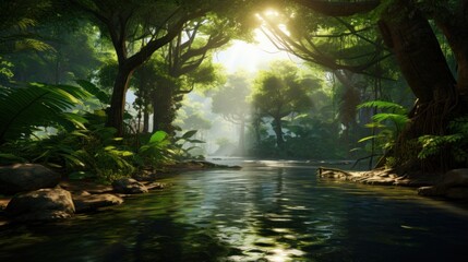 Sunlight streams through the canopy of a lush jungle, illuminating a calm river flowing through the dense foliage.
