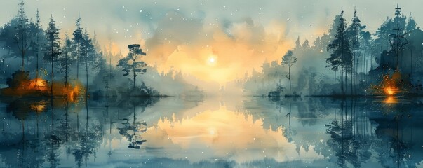 Naklejka premium Watercolor abstract evening reflections in forest with stars on white.