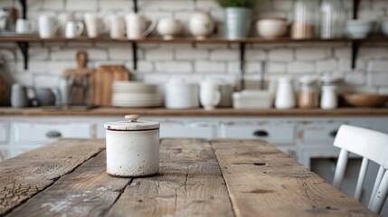 The picture showcases a rustic kitchen with a focus on a wooden table and a canister jar in the foreground, with shelves of kitchenware like bowls and cups in the background.