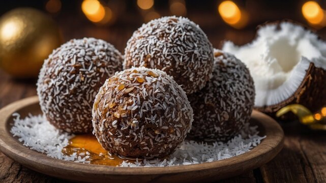 delicious rum balls with coconut topping.
