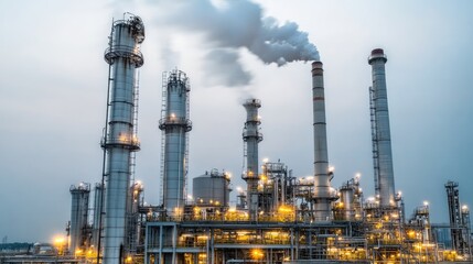 The oil refinery stands tall at dusk, with smoke billowing from chimneys and glowing lights piercing the dark, cloudy sky, reflecting industrial solitude
