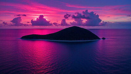 Fototapeta premium Vibrant blend of pink and purple hues lights up horizon above tranquil island