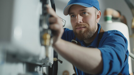 A heating engineer is repairing a boiler in a house. Boiler repair services or installation, HVAC, central heating system, gas heating house concepts.	