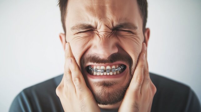 Portrait of a bearded man with braces on his teeth grimacing in pain, holding his face with closed eyes, suffering from dental discomfort