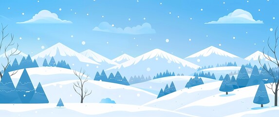 winter landscape, flat vector illustration with background, cartoon style, blue and white colors, simple shapes