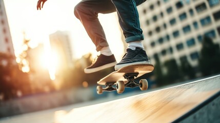 A skateboarder captured mid-air performing a trick at an urban park, highlighted by the warm evening light, showcasing skill, agility, and the joy of skateboarding.