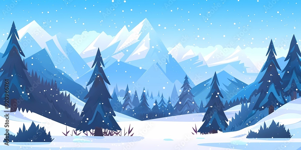 Wall mural flat cartoon vector illustration of a snowy landscape with mountains and trees, flat background