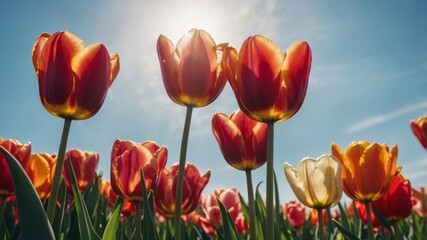 Floral spring wallpaper using colorful tulips & a clear blue sunny sky in the background The concept of spring, nature, beauty.