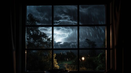 View of a stormy night from a window, with rain, lightning and a streetlight visible.