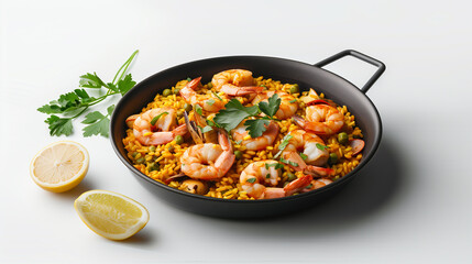 Fototapeta premium Authentic Spanish paella in a black pan, featuring succulent shrimp, green peas, and lemon slices, topped with fresh parsley.