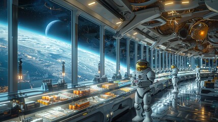 Futuristic Lunar Supermarket with Automated Systems and Transparent Architecture Robotic Assistants and Floating Product Displays