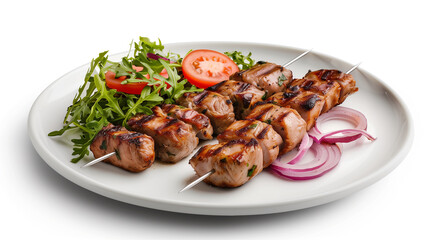 Fototapeta premium a traditional Turkish kebab dish, featuring skewered, grilled meat served with fresh vegetables on a white plate.