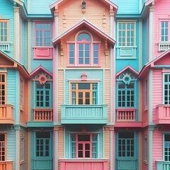 Fototapeta premium Window on building wall, bright pastel colors. Wood-framed windows on a pastel pink and blue house, creative and symmetrical architecture