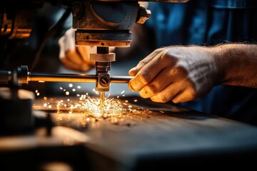 Closeup of a worker's hands using a metal grinding machine.