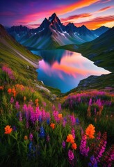 Fototapeta premium breathtaking vibrant sunset over untouched mountain landscape showcasing rich colors natural beauty, nature, sky, clouds, orange, pink, purple, yellow, blue