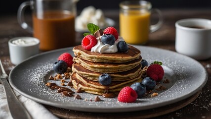 A breakfast spread featuring buckwheat flour pancakes using a variety of toppings such as berries chocolate chips & whipped cream.