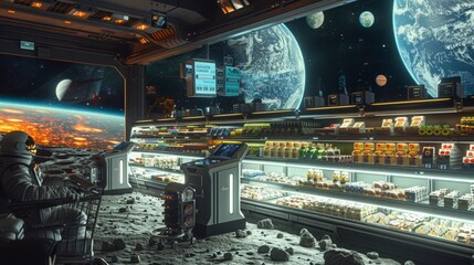 Naklejka premium Futuristic Lunar Supermarket Offers Innovative Retail Experience with Holograms Robotics and Interstellar Views