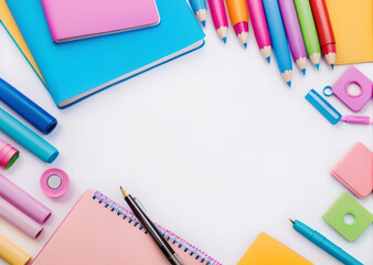 Stationery composition on white background. Back to school office work college educational institution concept.