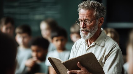 An elderly man with glasses and a beard is reading from a book to a group of attentive children in a classroom. They are engaged and listening closely.