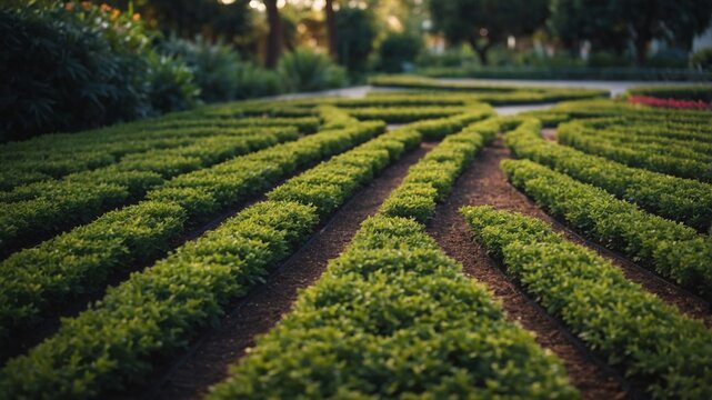 A garden divided into different sections by intersecting pathways in the shape of triangles as well as squares.