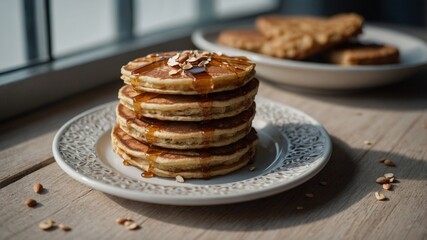 A variety of buckwheat flourbased baked goods including pancakes waffles as well as bread neatly arranged on a plate beside a glass of almond milk.