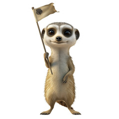 3D Cartoon Baby Meerkat Holding Flag - Isolated on White Transparent Background, PNG 