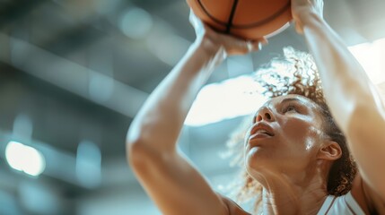 A basketball player mid-shot, face intentionally blurred, capturing athletic movement, energy, focus, determination evident in their stance, set in an indoor court.