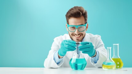 Scientist in laboratory conducting chemical experiment with test tubes and beakers, wearing protective goggles and gloves.