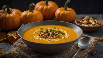 A bowl of delicious creamy pumpkin soup.