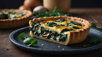 A vegetarian quiche filled with spinach mushrooms as well as herbs like dill as well as thyme.
