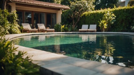 Fototapeta premium A lush green backyard with a solarpowered swimming pool p strategically in the center maximizing sun exposure for optimal energy efficiency.