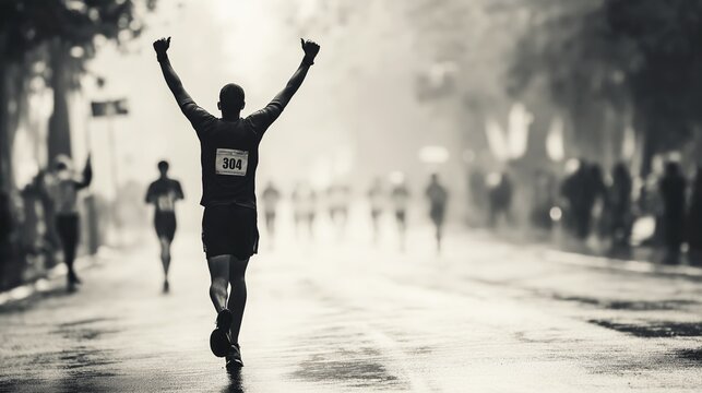 Triumphant male runner raises arms victoriously in urban setting, cheered on by diverse crowd of athletes, capturing moment of achievement and celebration.