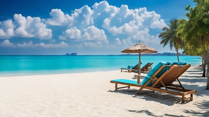 Some beach chairs and umbrella on sand beach. Holidays. Beautiful tropical Maldives resort hotel and island with beach and sea and coconut palm tree on sky for holiday vacation background concept