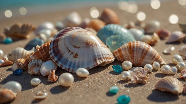 A colorful array of seashells as well as pearls, artis also known astically arranged to create a soothing pastel-themed image perfect for decor.