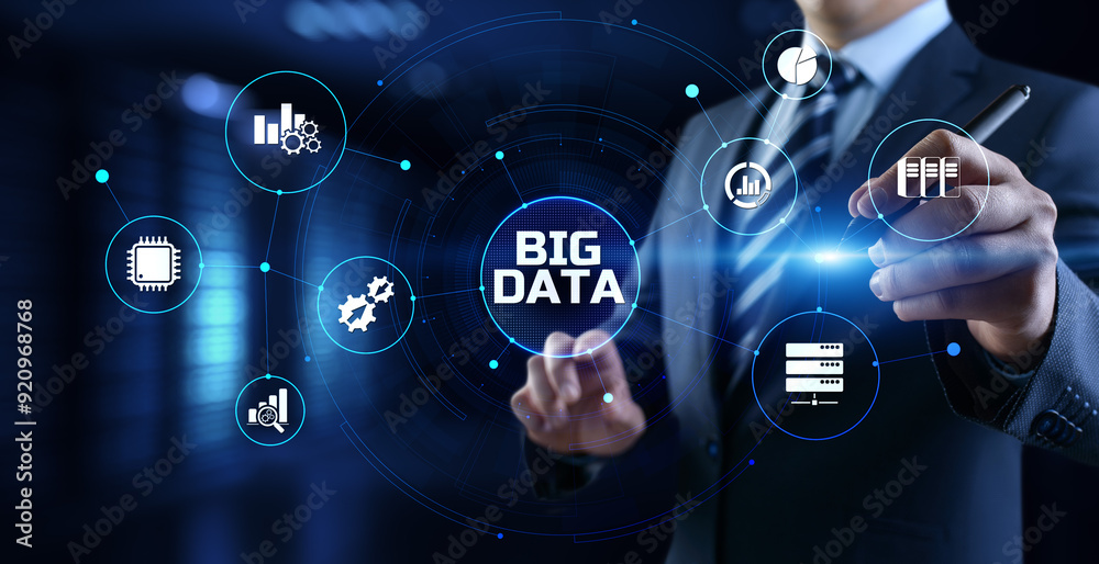 Wall mural big data analysis analytics internet technology concept. businessman pressing button on screen.