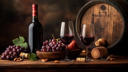 Obraz premium Winery. Wine production. Bottle and glasses of wine with bunch of grapes, leaves and cork, on wooden table, copy space. Wine advertising. Alcohol. Alcoholic drink. Still life.