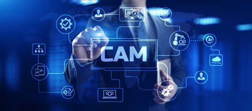 CAM Computer-aided manufacturing software system. Businessman pressing button on screen.