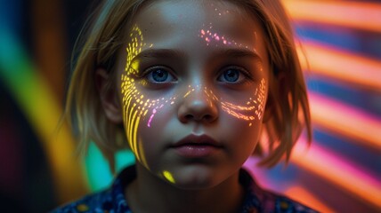 Portrait style image featuring a young child with light skin and short blonde hair. The child has striking blue eyes and a calm expression. Unique, colorful light patterns are projected onto the child