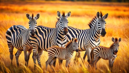 Fototapeta premium Generative Art: Zebra Family in the African Savannah AI Generated