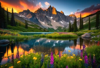 Fototapeta premium stunning landscapes showcasing vibrant natural beauty lush majestic colorful skies, nature, scenery, mountain, forest, sky, clouds, view, park, river