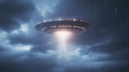 Eerie UFO Hovering in Dark Stormy Sky with Intense Lightning Strikes and Glowing Metallic Surface, Creating a Scene of Intriguing Mystery and Wonder.