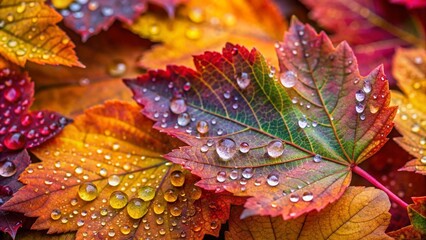 Fototapeta premium Autumnal Symphony: A Tapestry of Vibrant Leaves with Dew Drops Generative AI