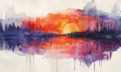 Watercolor abstract twilight reflections on white.