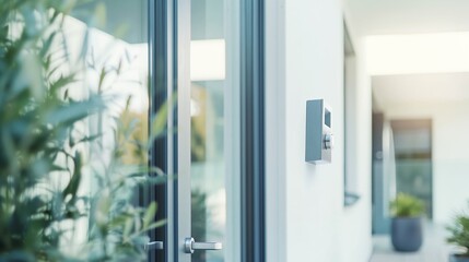Close-up view of a high-tech door intercom system with keypad and camera installed on the exterior wall of a residential building