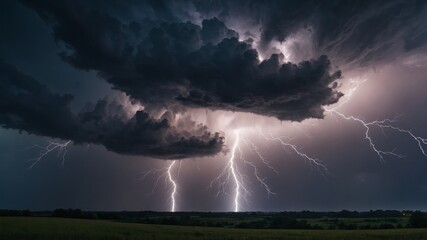 A dramatic thunderstorm scene, with lightning illuminating the dark clouds and landscape below, capturing the powerful energy of nature.