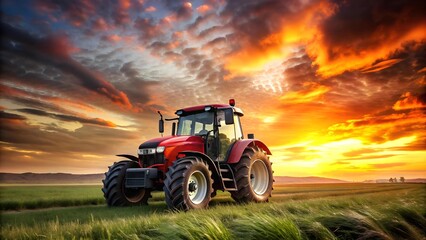 Fototapeta premium The Mighty Red Tractor - A Beacon of Strength in the Sunset AI generated