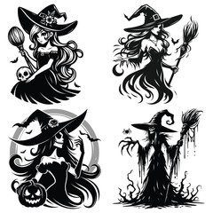 Obraz premium Spooky witch illustrations in black and white, perfect for Halloween decorations and posters