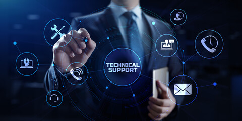 Technical support customer service concept. Businessman pressing button on screen.